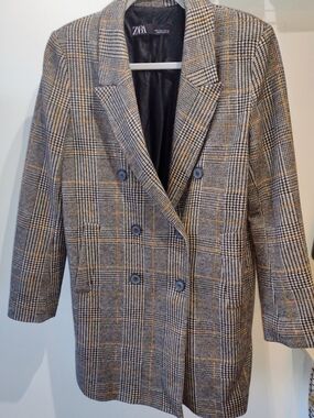 Zara Women's Double-Breasted Glen Plaid Blazer Coat in Brown/Black